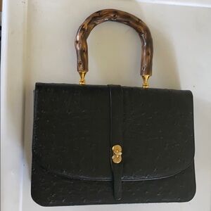 Vintage Black Ostrich Leather Structured Hand Bag